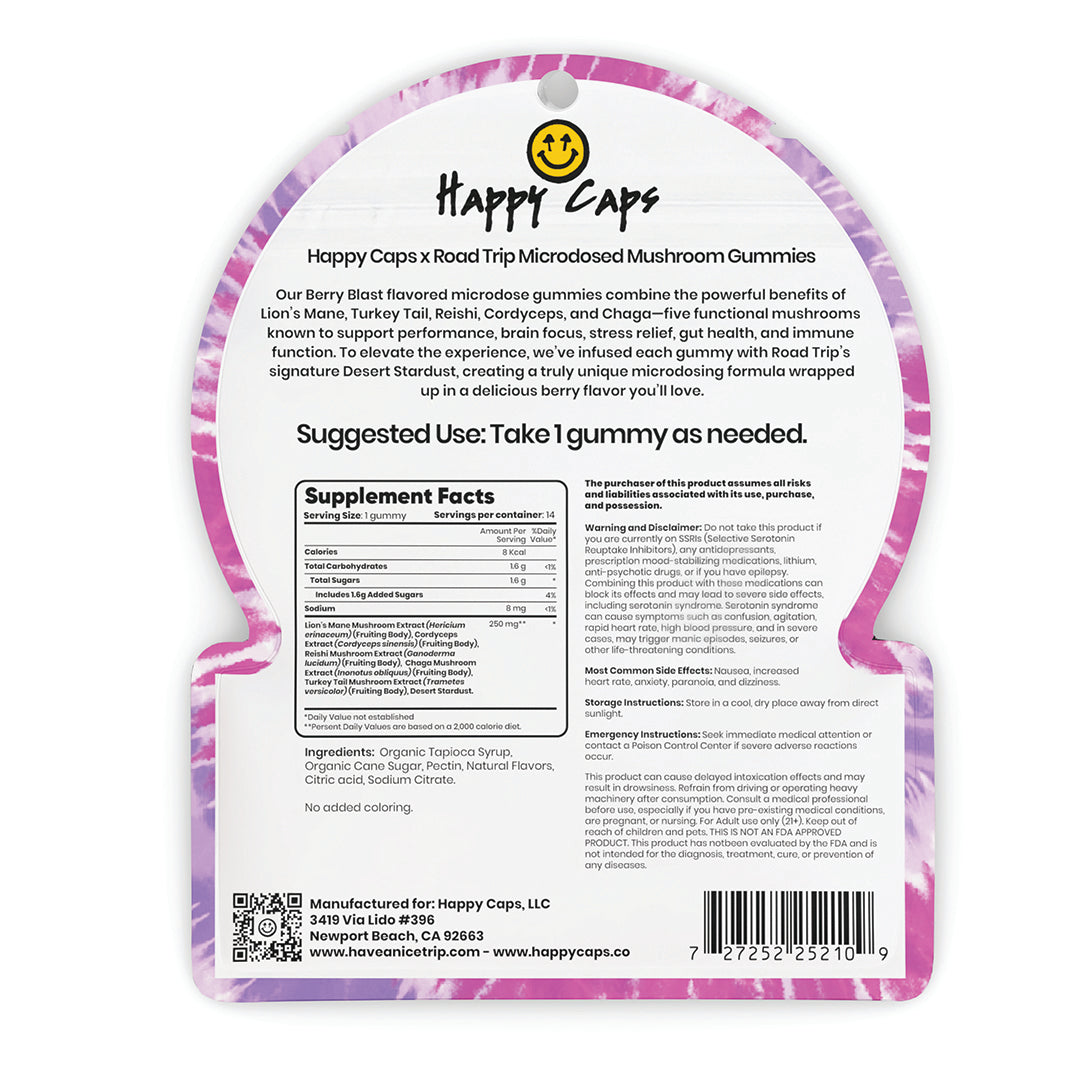 Happy Caps® x Road Trip - MICRODOSED Gummies + Functional Mushrooms - Berry Blast