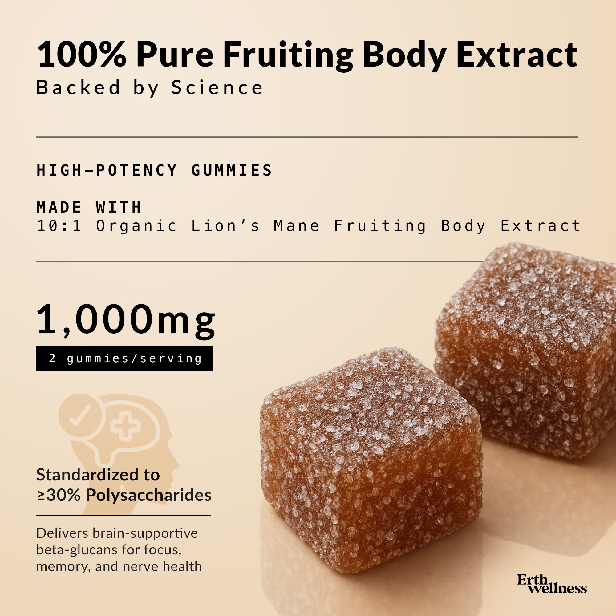 Lion’s Mane Nootropic Gummies by Erth Wellness – 10:1 Fruiting Body Extract – Cognitive Support