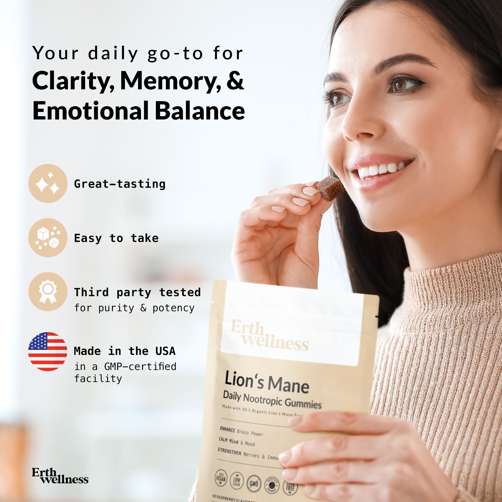 Lion’s Mane Nootropic Gummies by Erth Wellness – 10:1 Fruiting Body Extract – Cognitive Support